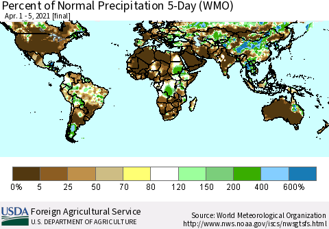 World Percent of Normal Precipitation 5-Day (WMO) Thematic Map For 4/1/2021 - 4/5/2021