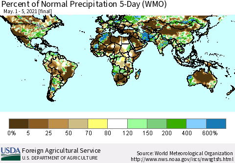 World Percent of Normal Precipitation 5-Day (WMO) Thematic Map For 5/1/2021 - 5/5/2021