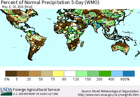 World Percent of Normal Precipitation 5-Day (WMO) Thematic Map For 5/6/2021 - 5/10/2021