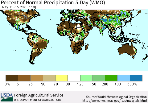 World Percent of Normal Precipitation 5-Day (WMO) Thematic Map For 5/11/2021 - 5/15/2021