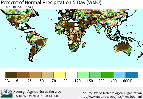 World Percent of Normal Precipitation 5-Day (WMO) Thematic Map For 6/6/2021 - 6/10/2021