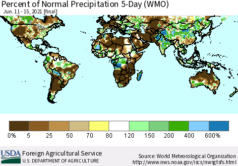 World Percent of Normal Precipitation 5-Day (WMO) Thematic Map For 6/11/2021 - 6/15/2021