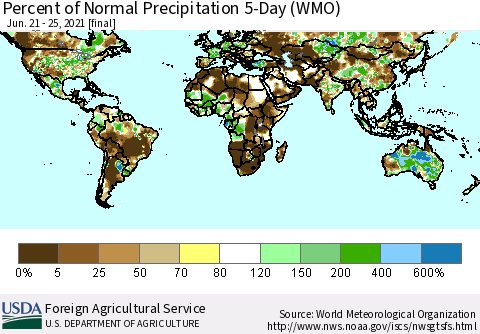 World Percent of Normal Precipitation 5-Day (WMO) Thematic Map For 6/21/2021 - 6/25/2021