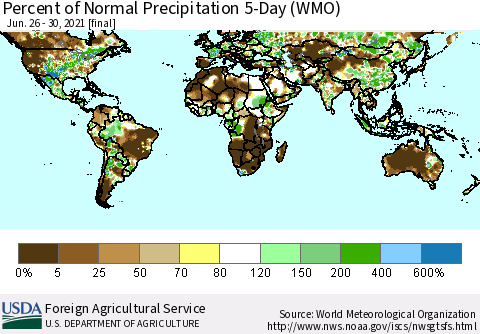 World Percent of Normal Precipitation 5-Day (WMO) Thematic Map For 6/26/2021 - 6/30/2021