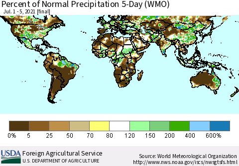 World Percent of Normal Precipitation 5-Day (WMO) Thematic Map For 7/1/2021 - 7/5/2021