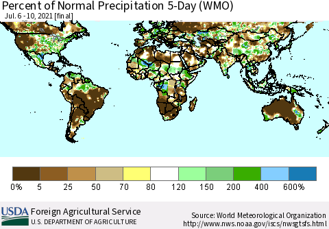 World Percent of Normal Precipitation 5-Day (WMO) Thematic Map For 7/6/2021 - 7/10/2021