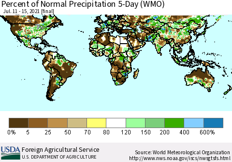 World Percent of Normal Precipitation 5-Day (WMO) Thematic Map For 7/11/2021 - 7/15/2021