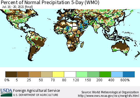 World Percent of Normal Precipitation 5-Day (WMO) Thematic Map For 7/16/2021 - 7/20/2021