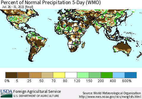 World Percent of Normal Precipitation 5-Day (WMO) Thematic Map For 7/26/2021 - 7/31/2021