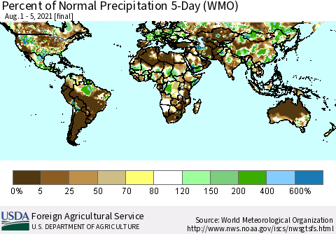 World Percent of Normal Precipitation 5-Day (WMO) Thematic Map For 8/1/2021 - 8/5/2021