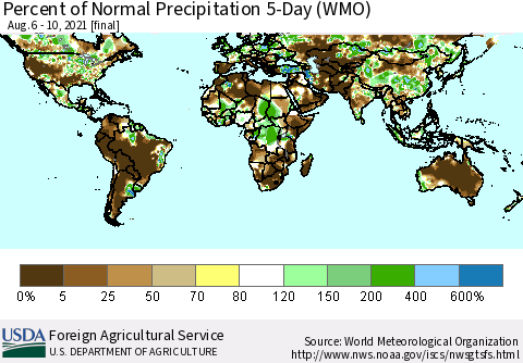 World Percent of Normal Precipitation 5-Day (WMO) Thematic Map For 8/6/2021 - 8/10/2021