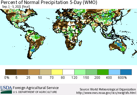 World Percent of Normal Precipitation 5-Day (WMO) Thematic Map For 9/1/2021 - 9/5/2021