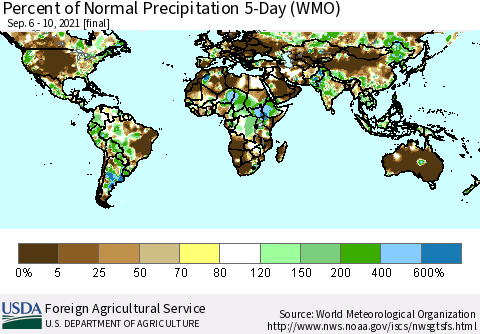 World Percent of Normal Precipitation 5-Day (WMO) Thematic Map For 9/6/2021 - 9/10/2021