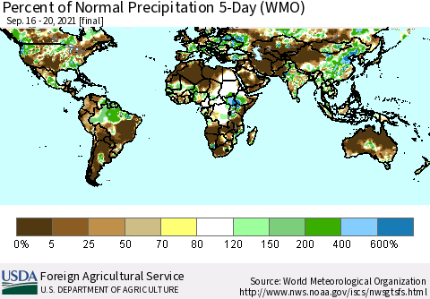 World Percent of Normal Precipitation 5-Day (WMO) Thematic Map For 9/16/2021 - 9/20/2021