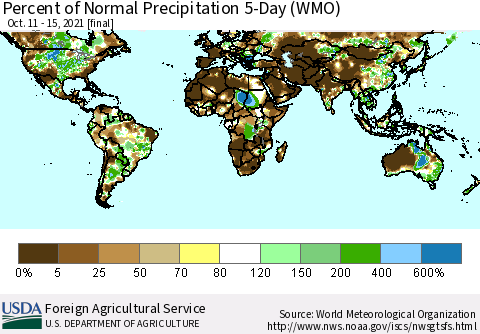 World Percent of Normal Precipitation 5-Day (WMO) Thematic Map For 10/11/2021 - 10/15/2021