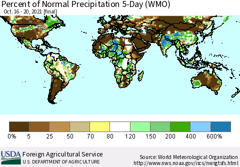 World Percent of Normal Precipitation 5-Day (WMO) Thematic Map For 10/16/2021 - 10/20/2021