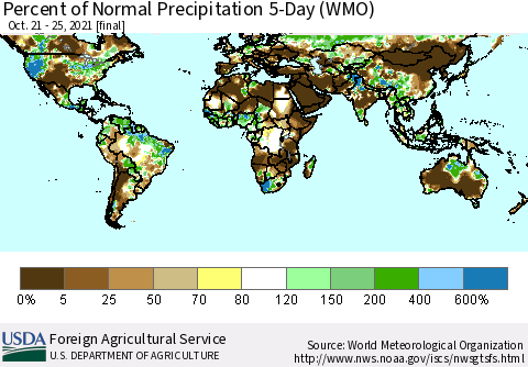World Percent of Normal Precipitation 5-Day (WMO) Thematic Map For 10/21/2021 - 10/25/2021