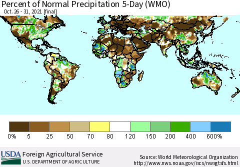 World Percent of Normal Precipitation 5-Day (WMO) Thematic Map For 10/26/2021 - 10/31/2021