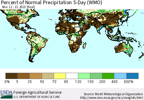 World Percent of Normal Precipitation 5-Day (WMO) Thematic Map For 11/11/2021 - 11/15/2021