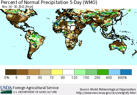 World Percent of Normal Precipitation 5-Day (WMO) Thematic Map For 11/16/2021 - 11/20/2021