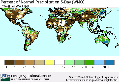 World Percent of Normal Precipitation 5-Day (WMO) Thematic Map For 11/21/2021 - 11/25/2021