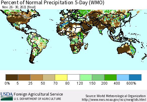 World Percent of Normal Precipitation 5-Day (WMO) Thematic Map For 11/26/2021 - 11/30/2021