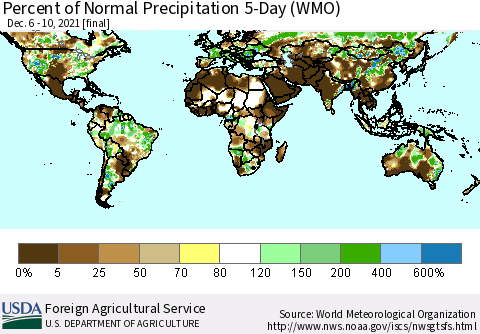 World Percent of Normal Precipitation 5-Day (WMO) Thematic Map For 12/6/2021 - 12/10/2021