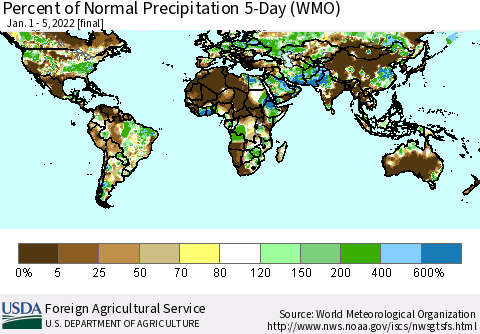 World Percent of Normal Precipitation 5-Day (WMO) Thematic Map For 1/1/2022 - 1/5/2022
