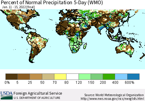 World Percent of Normal Precipitation 5-Day (WMO) Thematic Map For 1/11/2022 - 1/15/2022