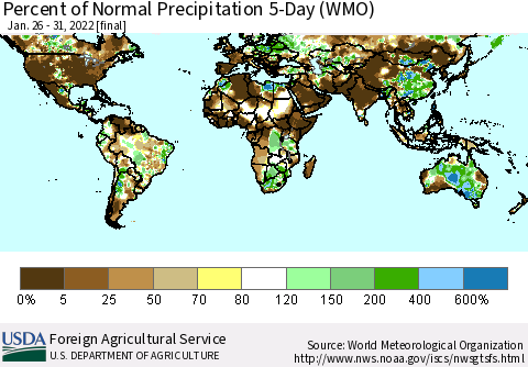 World Percent of Normal Precipitation 5-Day (WMO) Thematic Map For 1/26/2022 - 1/31/2022