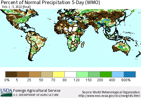 World Percent of Normal Precipitation 5-Day (WMO) Thematic Map For 2/1/2022 - 2/5/2022
