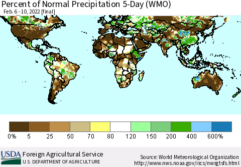 World Percent of Normal Precipitation 5-Day (WMO) Thematic Map For 2/6/2022 - 2/10/2022
