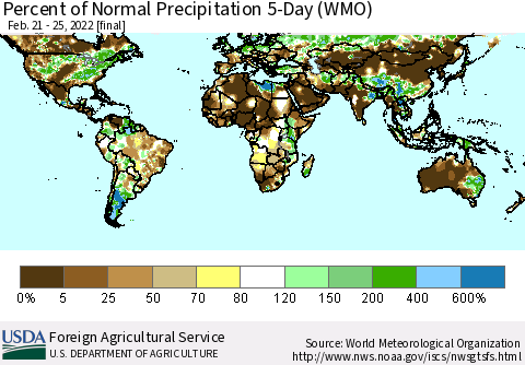 World Percent of Normal Precipitation 5-Day (WMO) Thematic Map For 2/21/2022 - 2/25/2022