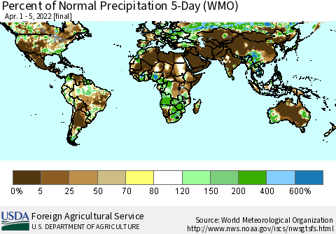 World Percent of Normal Precipitation 5-Day (WMO) Thematic Map For 4/1/2022 - 4/5/2022