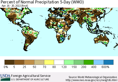 World Percent of Normal Precipitation 5-Day (WMO) Thematic Map For 4/16/2022 - 4/20/2022