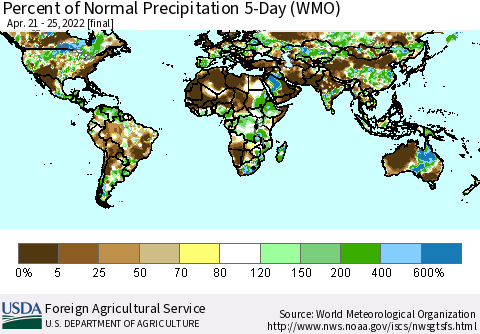 World Percent of Normal Precipitation 5-Day (WMO) Thematic Map For 4/21/2022 - 4/25/2022