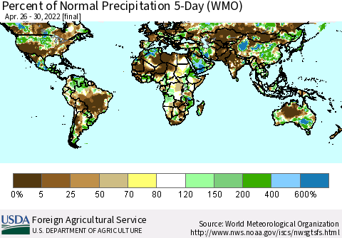 World Percent of Normal Precipitation 5-Day (WMO) Thematic Map For 4/26/2022 - 4/30/2022