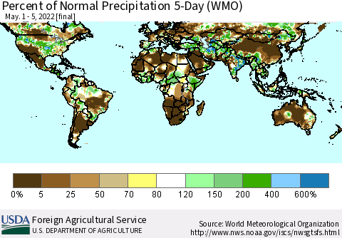 World Percent of Normal Precipitation 5-Day (WMO) Thematic Map For 5/1/2022 - 5/5/2022