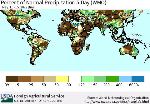 World Percent of Normal Precipitation 5-Day (WMO) Thematic Map For 5/11/2022 - 5/15/2022