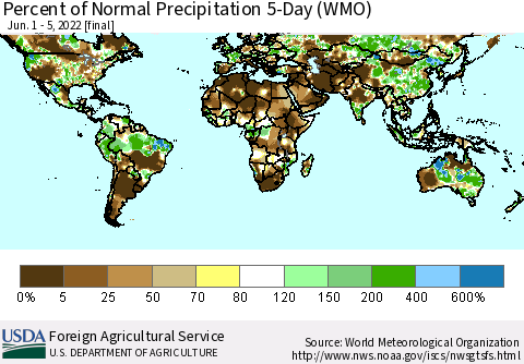 World Percent of Normal Precipitation 5-Day (WMO) Thematic Map For 6/1/2022 - 6/5/2022