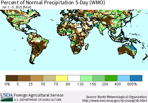 World Percent of Normal Precipitation 5-Day (WMO) Thematic Map For 7/1/2022 - 7/5/2022