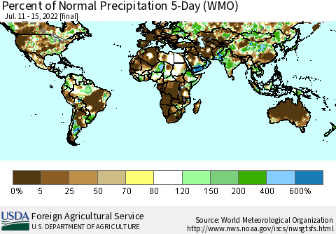 World Percent of Normal Precipitation 5-Day (WMO) Thematic Map For 7/11/2022 - 7/15/2022