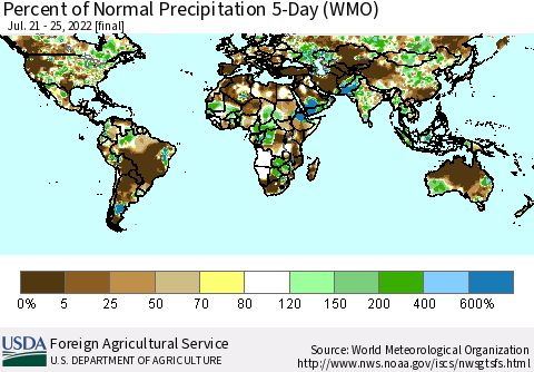World Percent of Normal Precipitation 5-Day (WMO) Thematic Map For 7/21/2022 - 7/25/2022