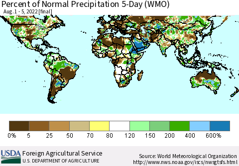 World Percent of Normal Precipitation 5-Day (WMO) Thematic Map For 8/1/2022 - 8/5/2022