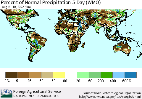 World Percent of Normal Precipitation 5-Day (WMO) Thematic Map For 8/6/2022 - 8/10/2022