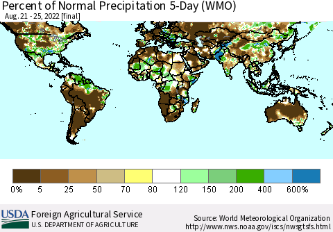 World Percent of Normal Precipitation 5-Day (WMO) Thematic Map For 8/21/2022 - 8/25/2022