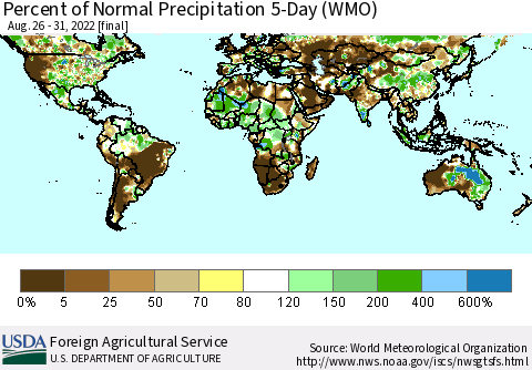 World Percent of Normal Precipitation 5-Day (WMO) Thematic Map For 8/26/2022 - 8/31/2022