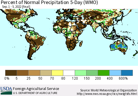 World Percent of Normal Precipitation 5-Day (WMO) Thematic Map For 9/1/2022 - 9/5/2022