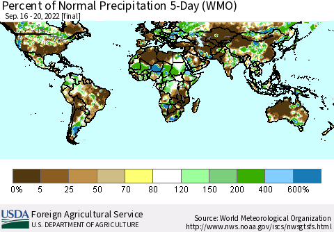 World Percent of Normal Precipitation 5-Day (WMO) Thematic Map For 9/16/2022 - 9/20/2022