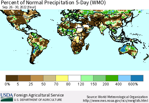 World Percent of Normal Precipitation 5-Day (WMO) Thematic Map For 9/26/2022 - 9/30/2022